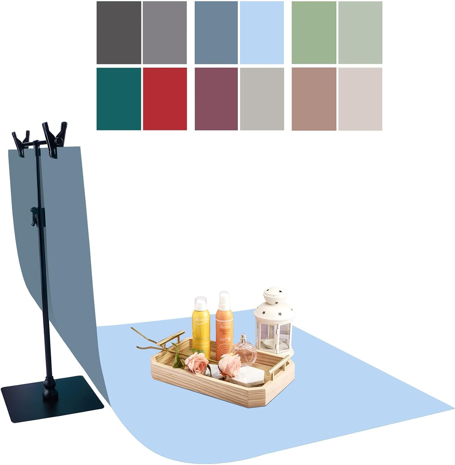 6pcs/12patterns 34''x23'' photography backdrops small product background paper w/t-stand, double sided morandi flat lay photo tabletop boards for food jewelry cosmetics props (cool 6pcs/12colors)