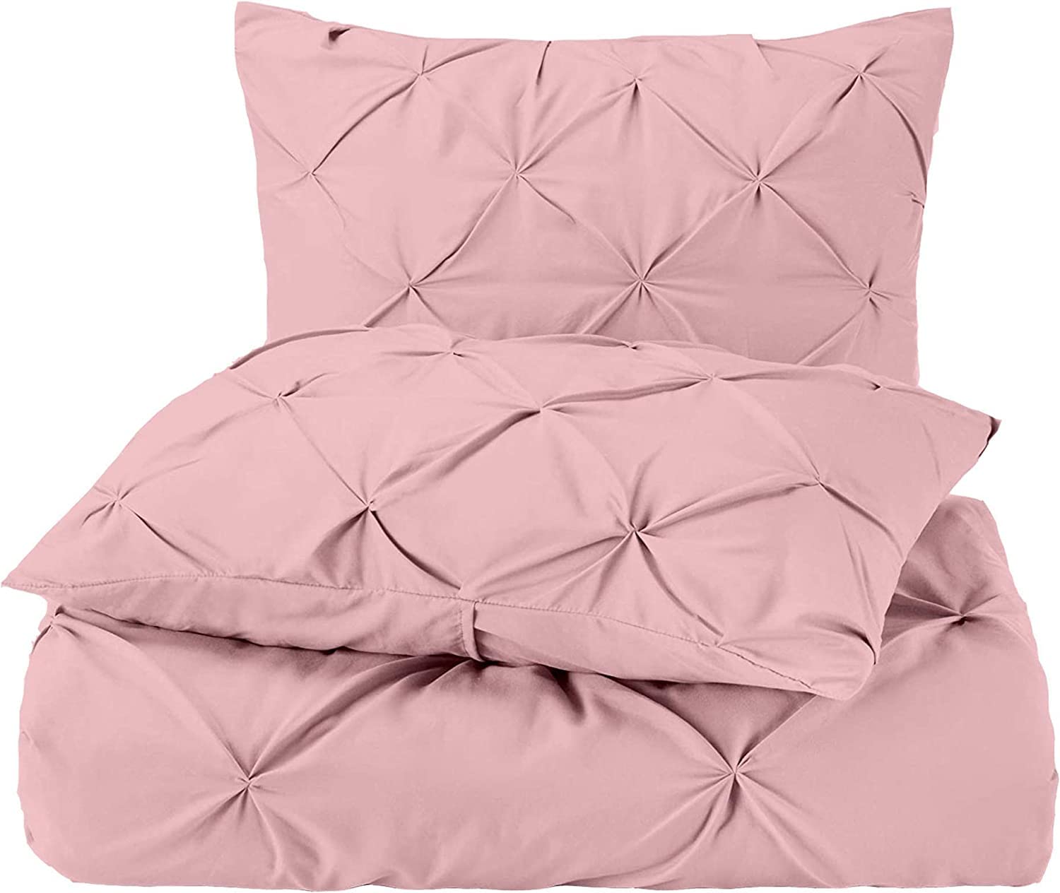 Pinch Pleat PinTuck 3 Piece Duvet Cover Set - 100% Egyptian Cotton Quilt Covers Bedding, 300 Thread Count Diamond Bedding Set with Zipper Closure Hotel Quality - Pink Solid, Superking Size.