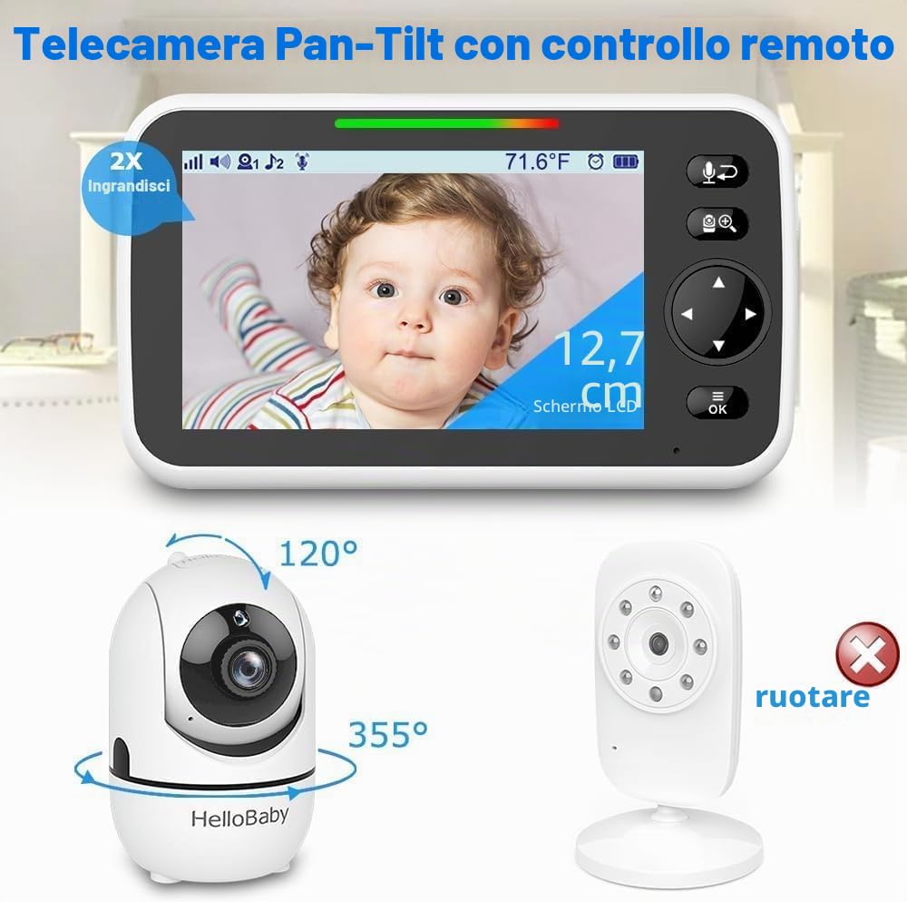 HelloBaby Baby Monitor, display da 5'' con batteria da 30 ore, baby monitor video pan-tilt-zoom con fotocamera e audio, visione notturna, conversazione a 2 vie, temperatura, 8 ninne nanne e 300m