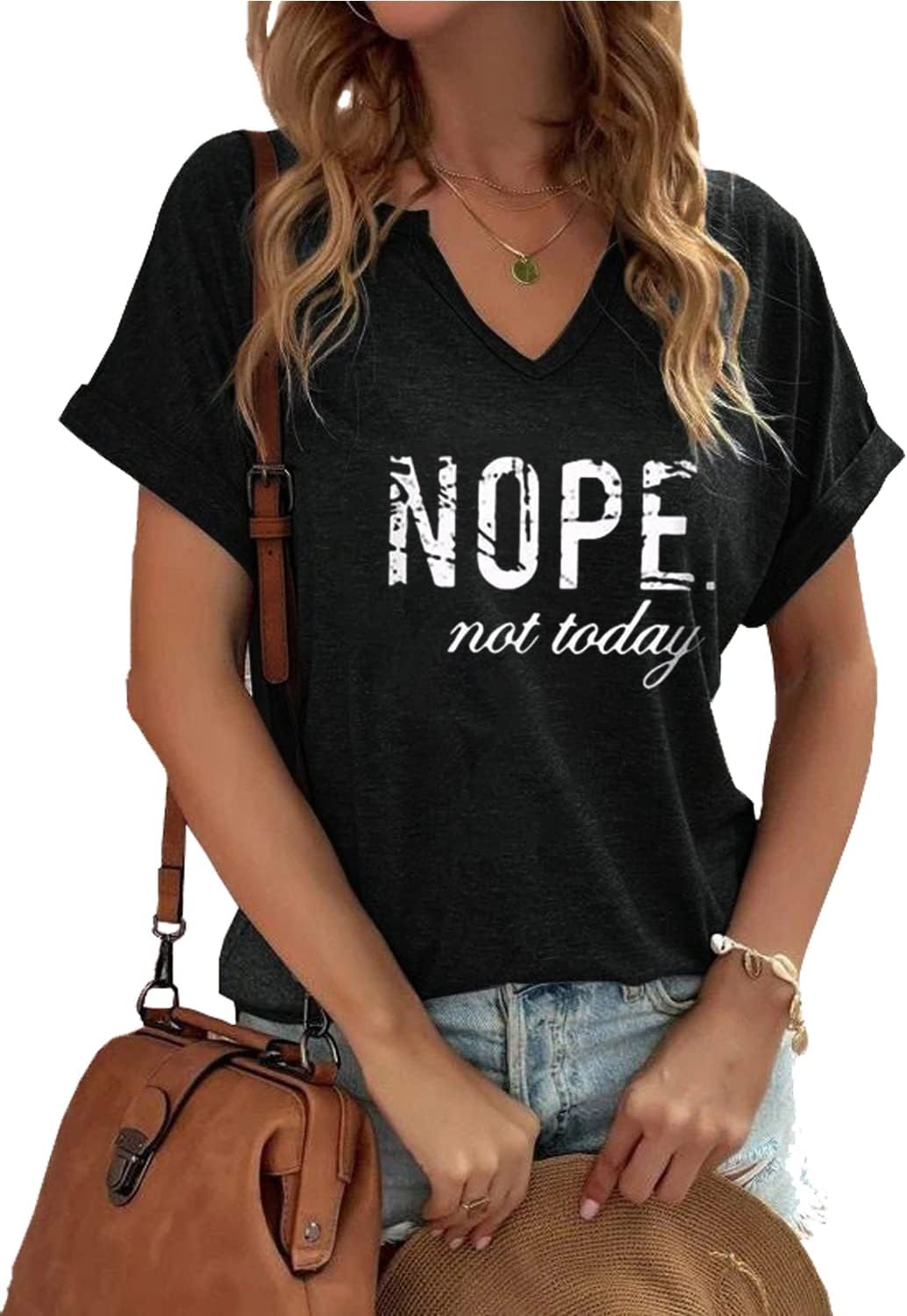 Nope Not Today Women V-Neck Letter Print Funny T Shirts Short Sleeve Graphic Shirts Loose Casual Tops Tee