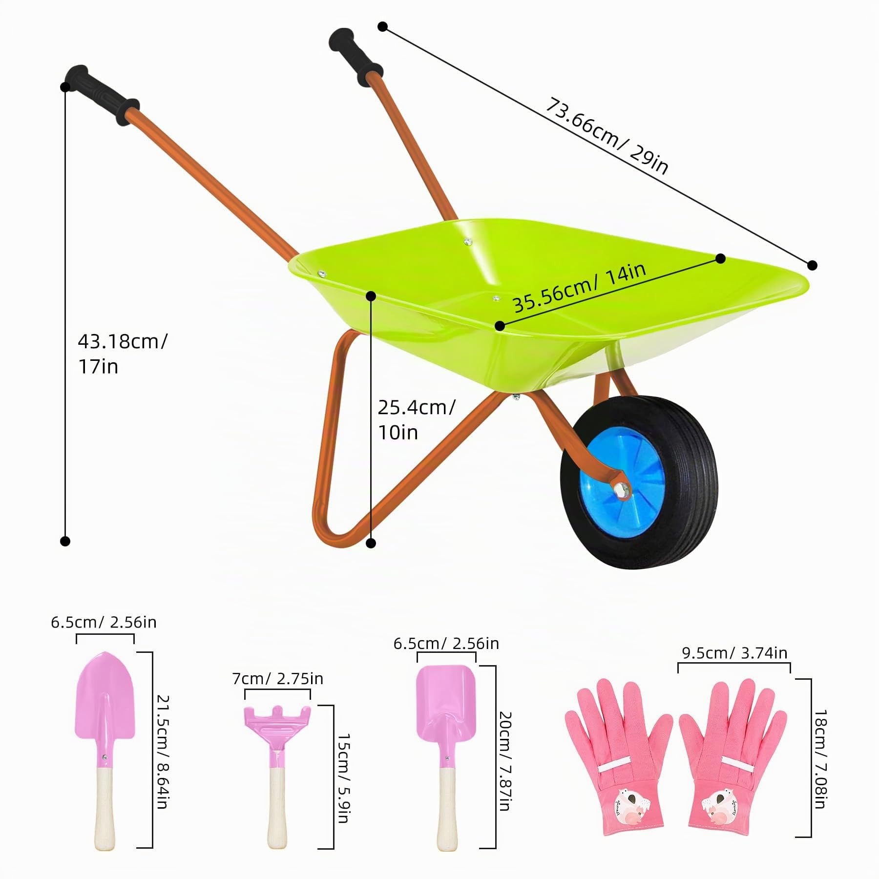 Schubkarrenset für Kinder, Gartenschubkarre en Metal, Kinder Gartengeräte, Gartenwerkzeug Kinder zum Spielen im Freien (Grünrosa)
