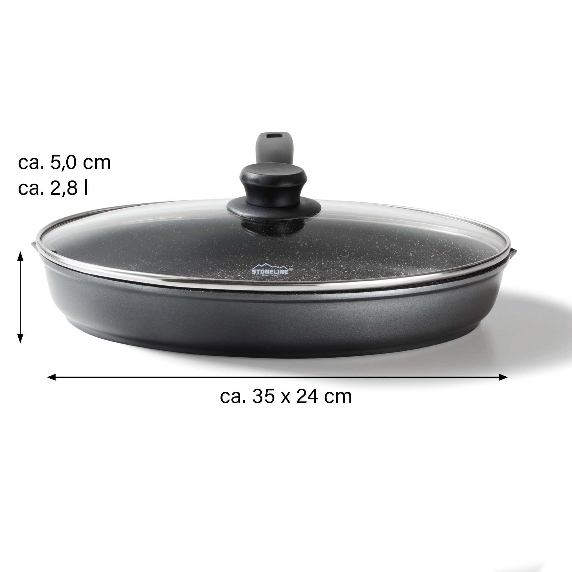 STONELINE Padella Ovale 35x24 cm, Padella Pesce Alluminio Pressofuso, Coperchio, Bistecchiera Grande Ovale, Rivestimento Antiaderente con Vere Particelle di Pietra, a Induzione, Tutti i Piani Cottura