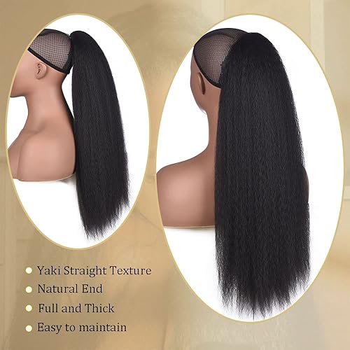 Miniatura 4 de MOONSHOW Cola de caballo recta rizada con cordón para mujeres negras, extensión de cola de caballo larga Yaki recta para mujeres negras, color negro