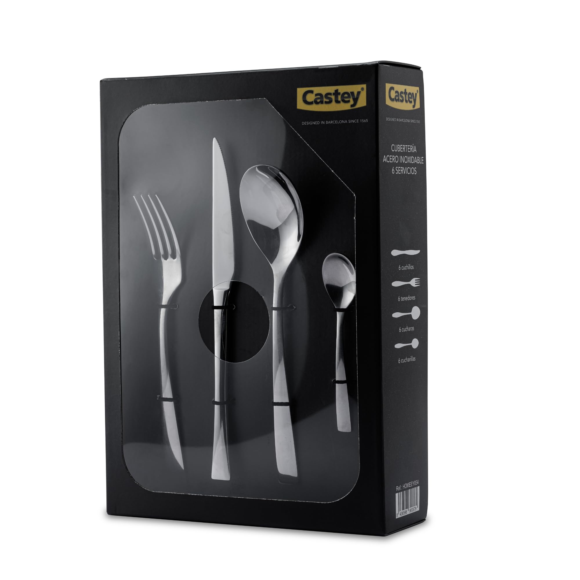 CASTEY - Cubertería Helsinki 24 Piezas, Acero Inoxidable, Diseño Escandinavo Minimalista, Acabado Pulido, Incluye 6 Tenedores, 6 Cuchillos Chuleteros, 6 Cucharas y 6 Cucharillas de Postre