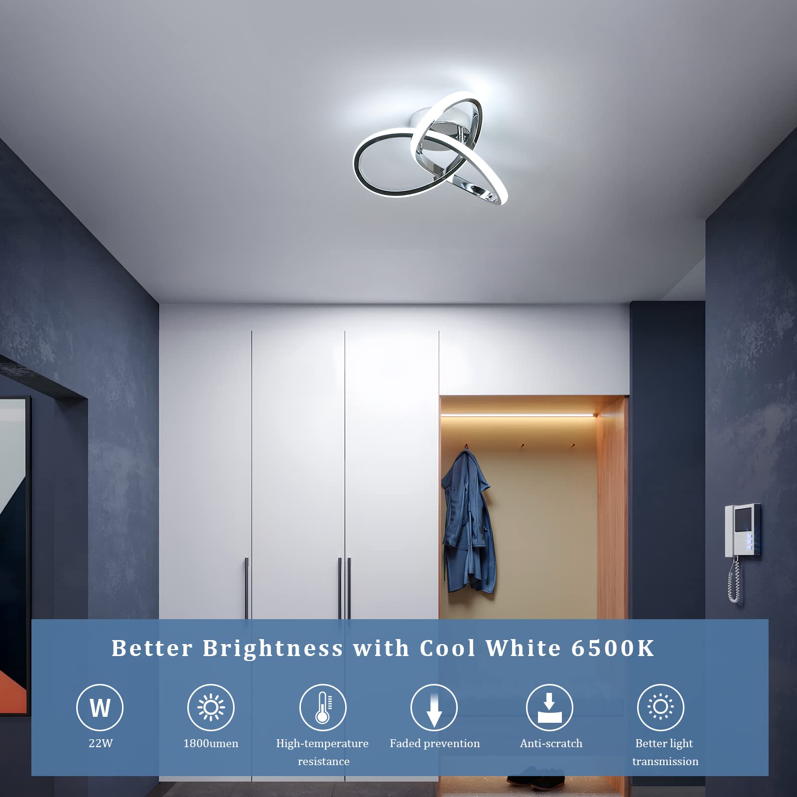 AUA LED Ceiling Light Fixture, Modern Semi Flush Mount Ceiling Lights, 22W Cool White 6000K Hallway Light Fixtures Ceiling Lamps for Kitchen Dining Room Living Room Bedroom Spiral Design Chrome