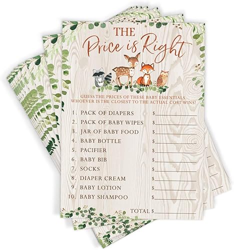 Printed Party Juego de baby shower, The Price is Right, animales del bosque, 50 cartas