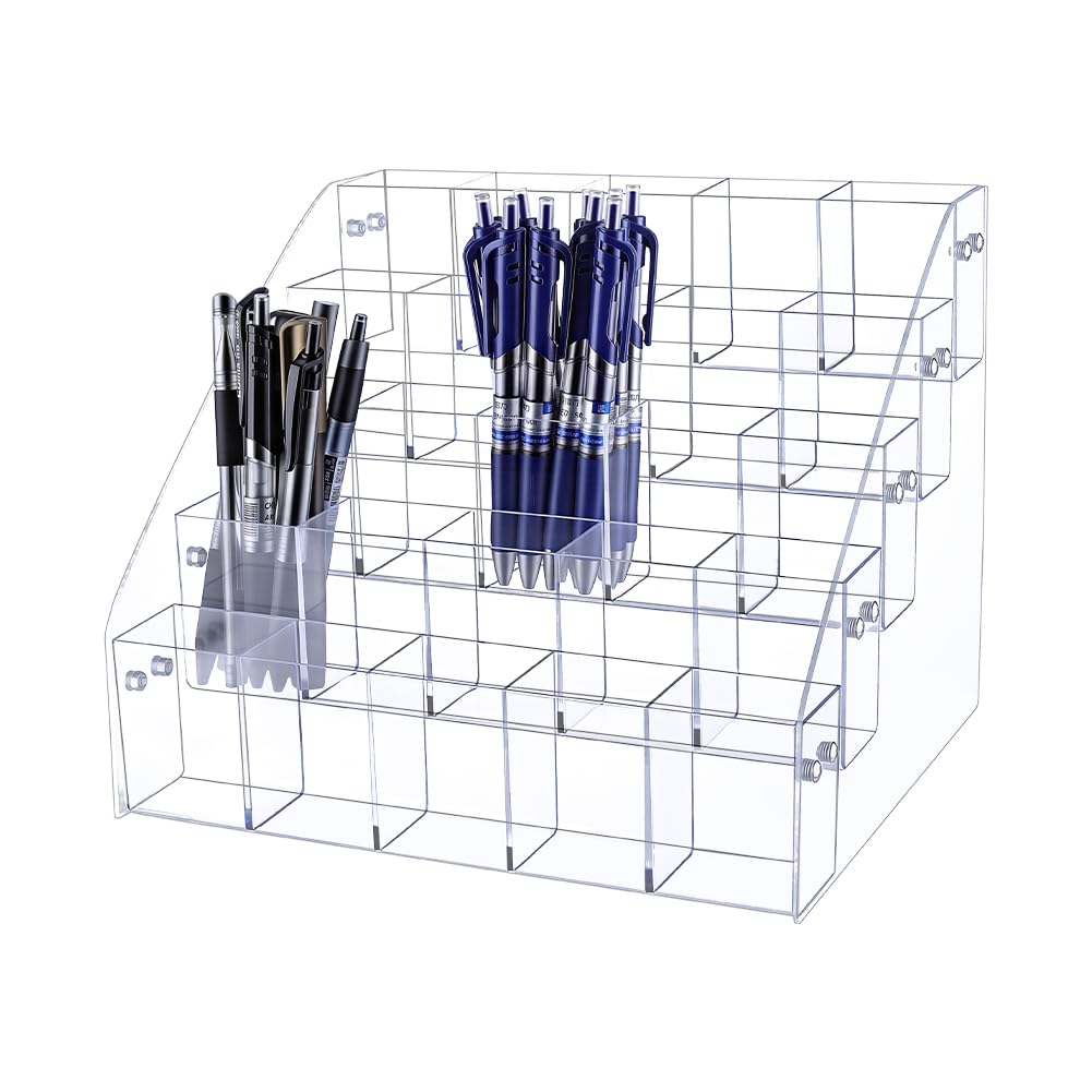 AHANDMAKER Stifthalter Aus Transparentem Acryl Vertikaler Schreibtisch Organizer Mit 5 Ebene Und 25 Fächern Zur Aufbewahrung von Schreibwaren Make Up Pinseln Und Stiften Für Das Home Büro