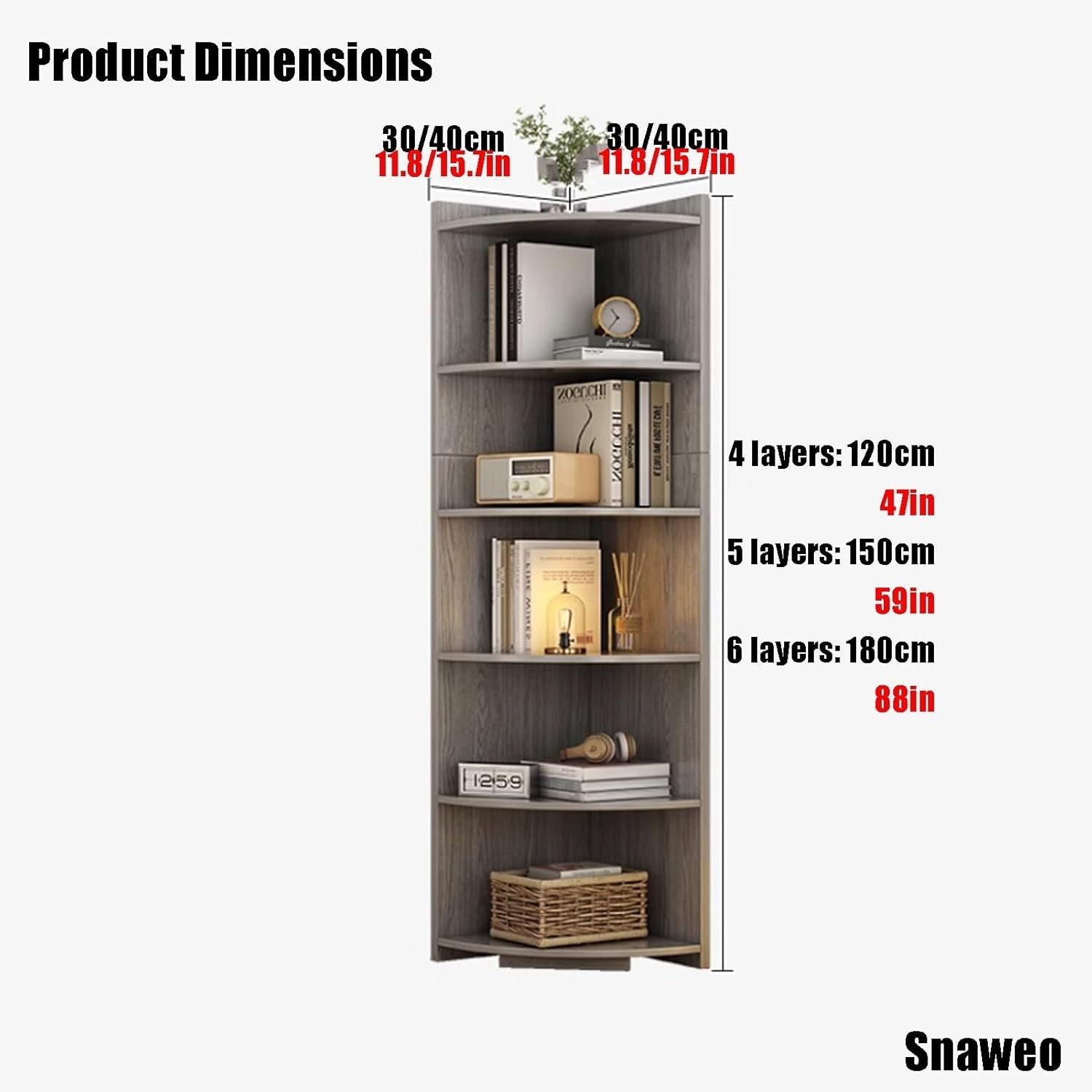4-Tier Corner Shelf - Space-Saving MDF Bookcase with Vintage Laminate for Living Room & Home Office - 90° Angle Multi-Purpose Display Shelf (Gray, 30cm)