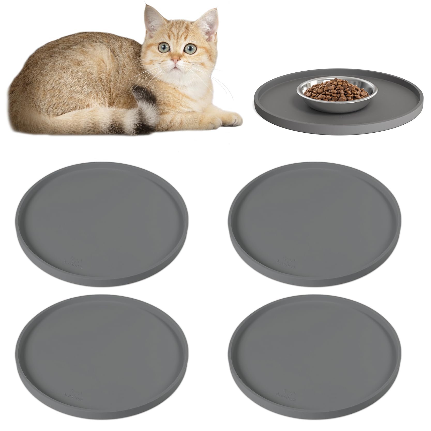 4 PCS Thickened Pet Silicone Food Mat, Nonslip Waterproof Cat Dog Feeding Bowl Mats with Raised Edges for Food and Water Prevent Spills, Round Eating