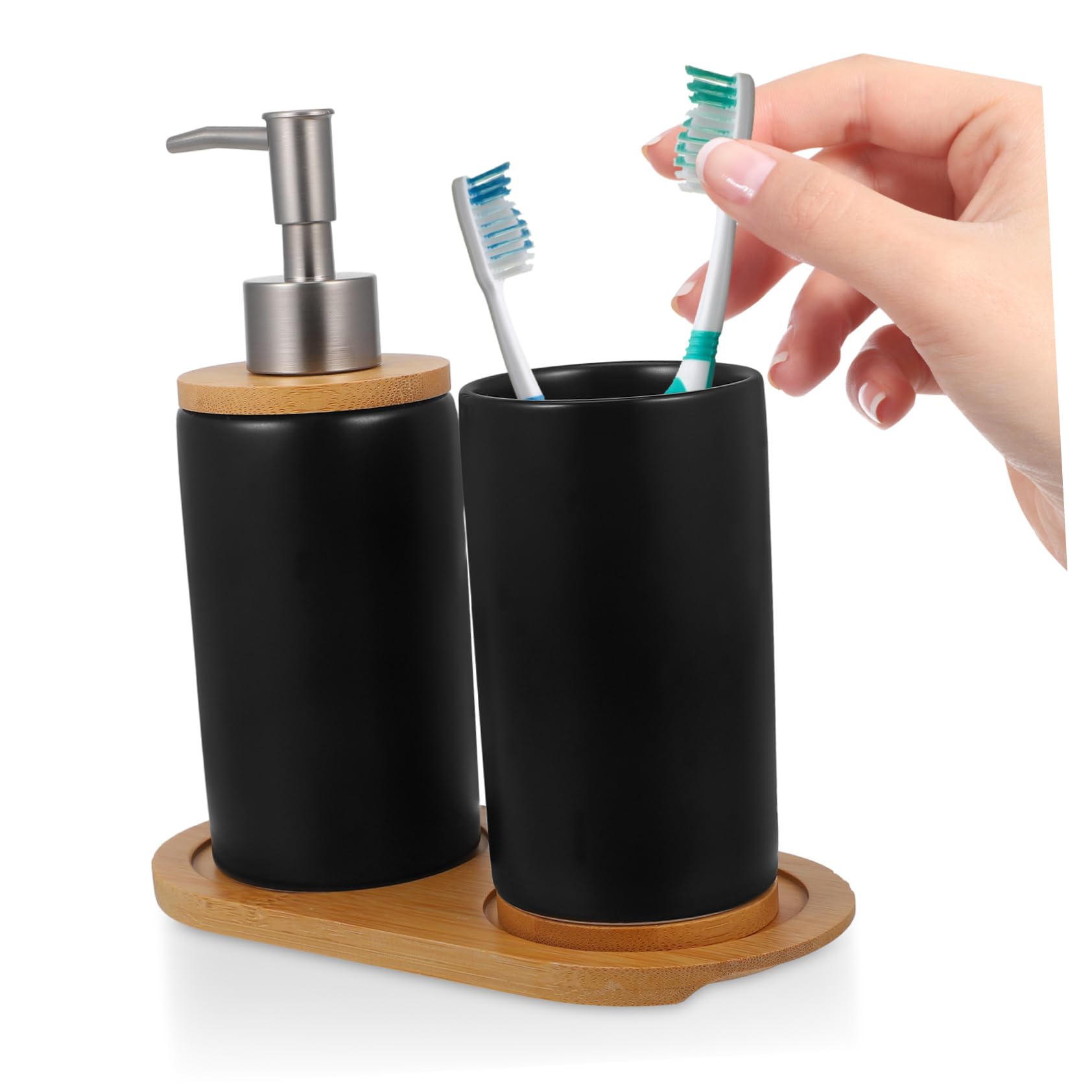 Badezimmer Accessoires Satz mit Zahnbürstenhalter Seifenspender (ca 430ml) aus Schwarzer Keramik und Bambus Zahnbürstenbecher (ca 350ml) und Ablage Stilvoll und Praktisch