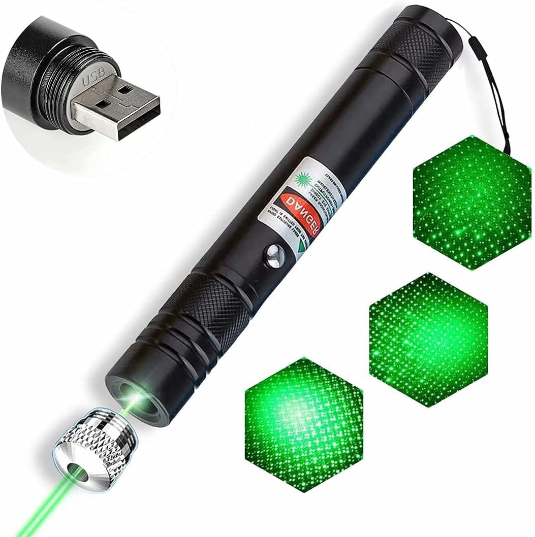 Long Range High Power Green Pointer,Rechargeable Pointer for USB,with Star Cap Adjustable Focus Suitable for Projector,Camping Hiking for Night