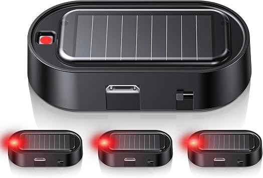 Car Solar Power Simulated Dummy Alarm, Vehicles Security Anti-Theft LED Flashing Fake Lamp with Light Sensor, Car Alarm Light for SUV, RV, Truck 4PC,Red