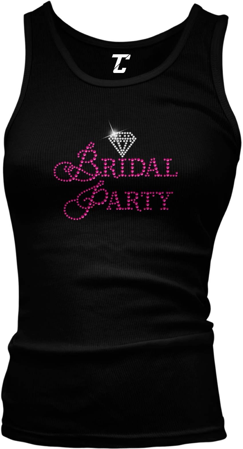 Bridal Party - Pink Rhinestone Diamond Juniors Tank Top (Black, Medium)