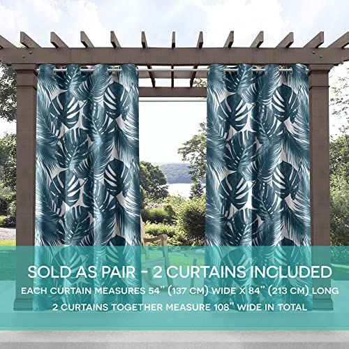 Exclusive Home Jamaica Palm Indoor/Outdoor Light Filtering Grommet Top Curtain Panel, 54"X108", Blue, Set Of 2 #TOP2