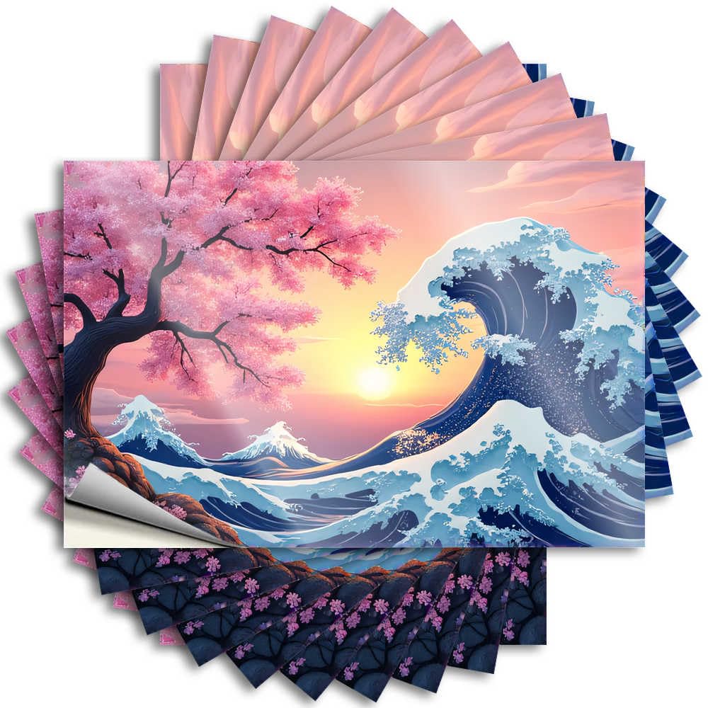 Tattoo Rubber Custom Stickers, Wall Waterproof Cherry Blossoms and Waves At Sunset for Hydro Flask | Mini Vinyl Decals for Comfort Holiday Gift(6X9CM)