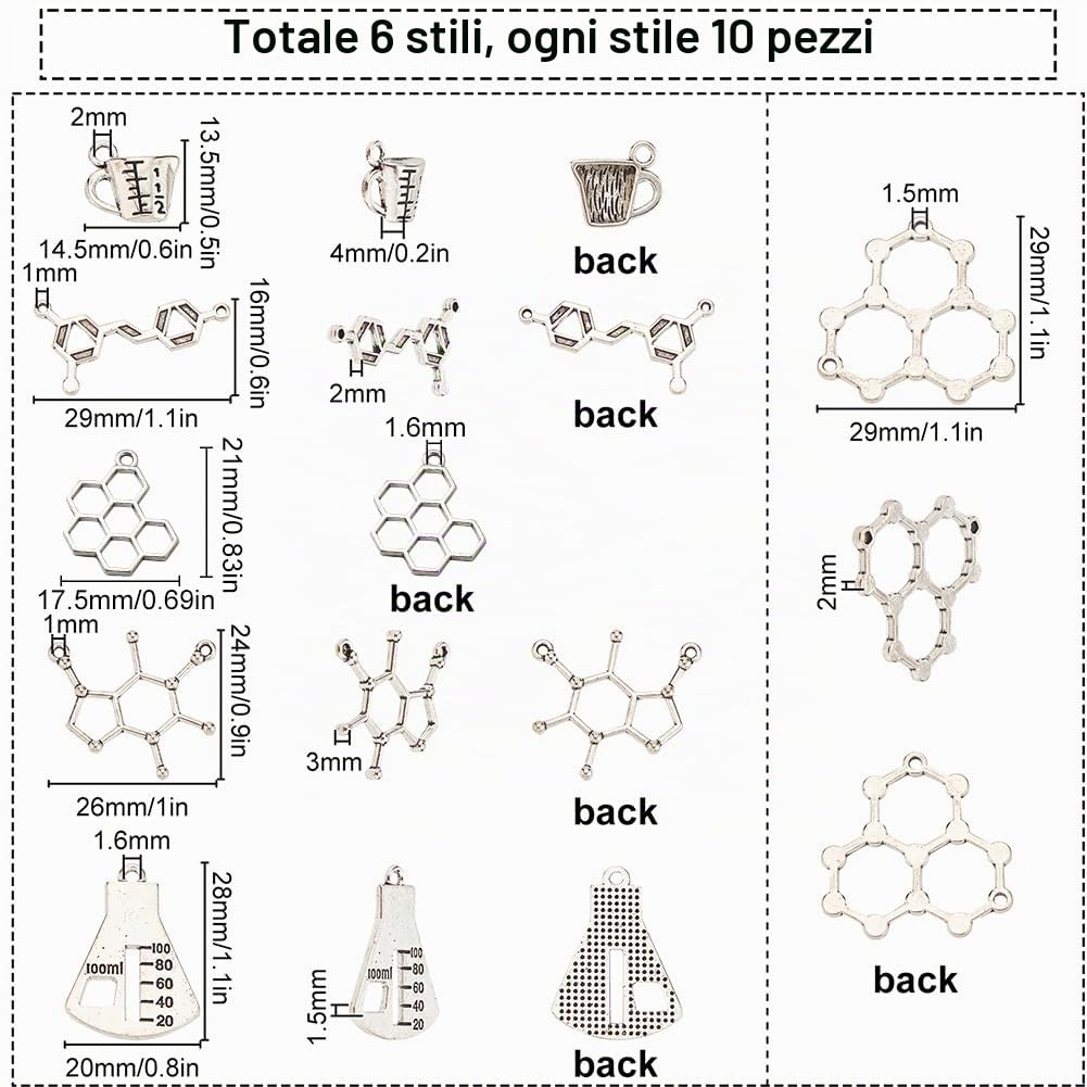 SUNNYCLUE 1 Scatola 60 Pezzi Ciondolo Chimica Stile Caffeina Molecola Tema Labo Gioielli Bracciale Orecchini