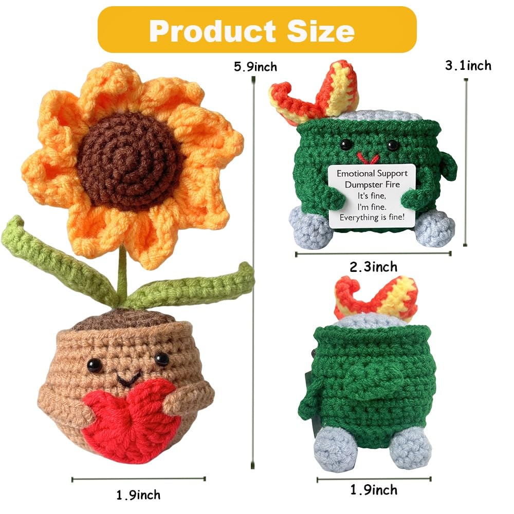 2PCS Crochet Dumpster Fire and Crochet Sunflower hold a Heart,Emotional Support Dumpster Fire,Crochet Sunflower,Cheer up Gift,Office Desk Decor,Livingroom Decor,Crochet Decorations,Gift for her