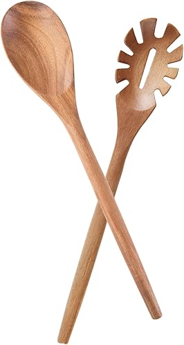 Cucharas de madera de 14 pulgadas para cocinar 2 piezas, cucharas de madera de acacia maciza, utensilios de cocina, acabado liso, mango cómodo,