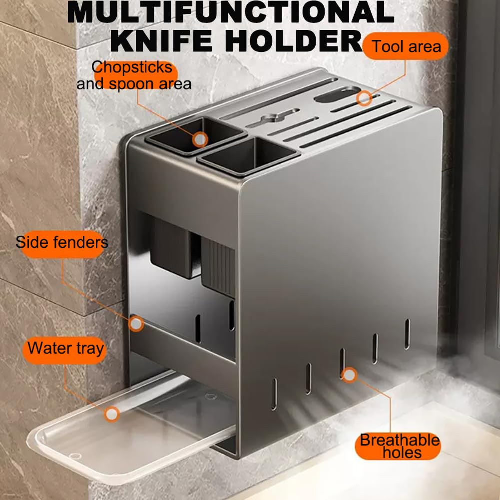 Portacuchillas De Acero Inoxidable De Pared Sin Perforaciones, Con Capacidad Para 7 Cuchillos, Con Bandeja De Drenaje, Orificio De Ventilación, Portacuchillas Sin Cuchillo,Blanco