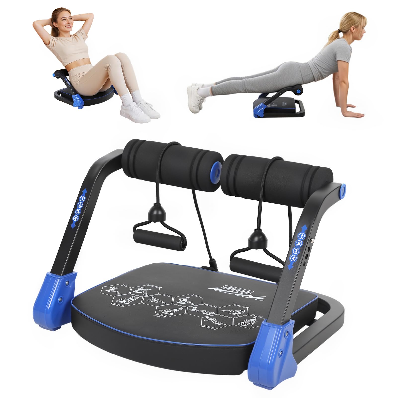 Adjustable Abdominal Trainer, Ab Machine Sit Up Equipment, 4 Resistance Levels Crunch Machine, Foldable Ab Trainer Resistance Bands, Non Slip Handles Home Gym Core Workout Machine (Blue)