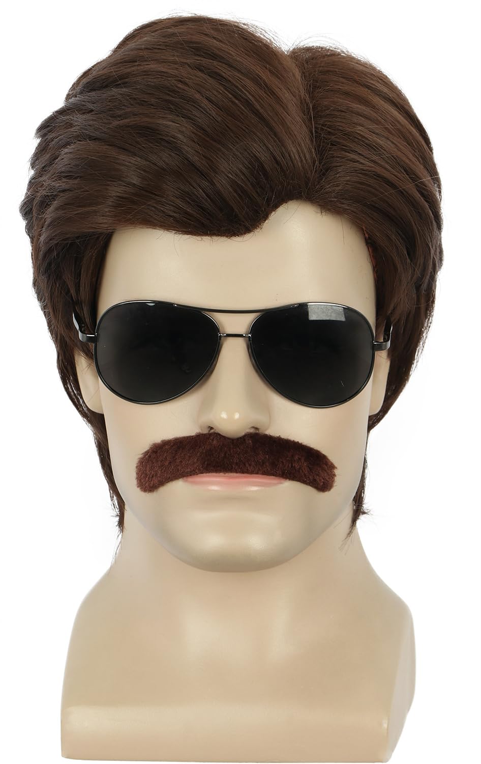 yuehong Short Adult Mens Brown Wig 70s 80s Male Wig Halloween Cosplay Costume Hair with Brown Mustache