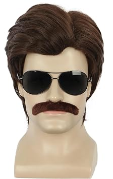 yuehong Short Adult Mens Brown Wig 70s 80s Male Wig Cosplay Costume Hair with Brown Mustache