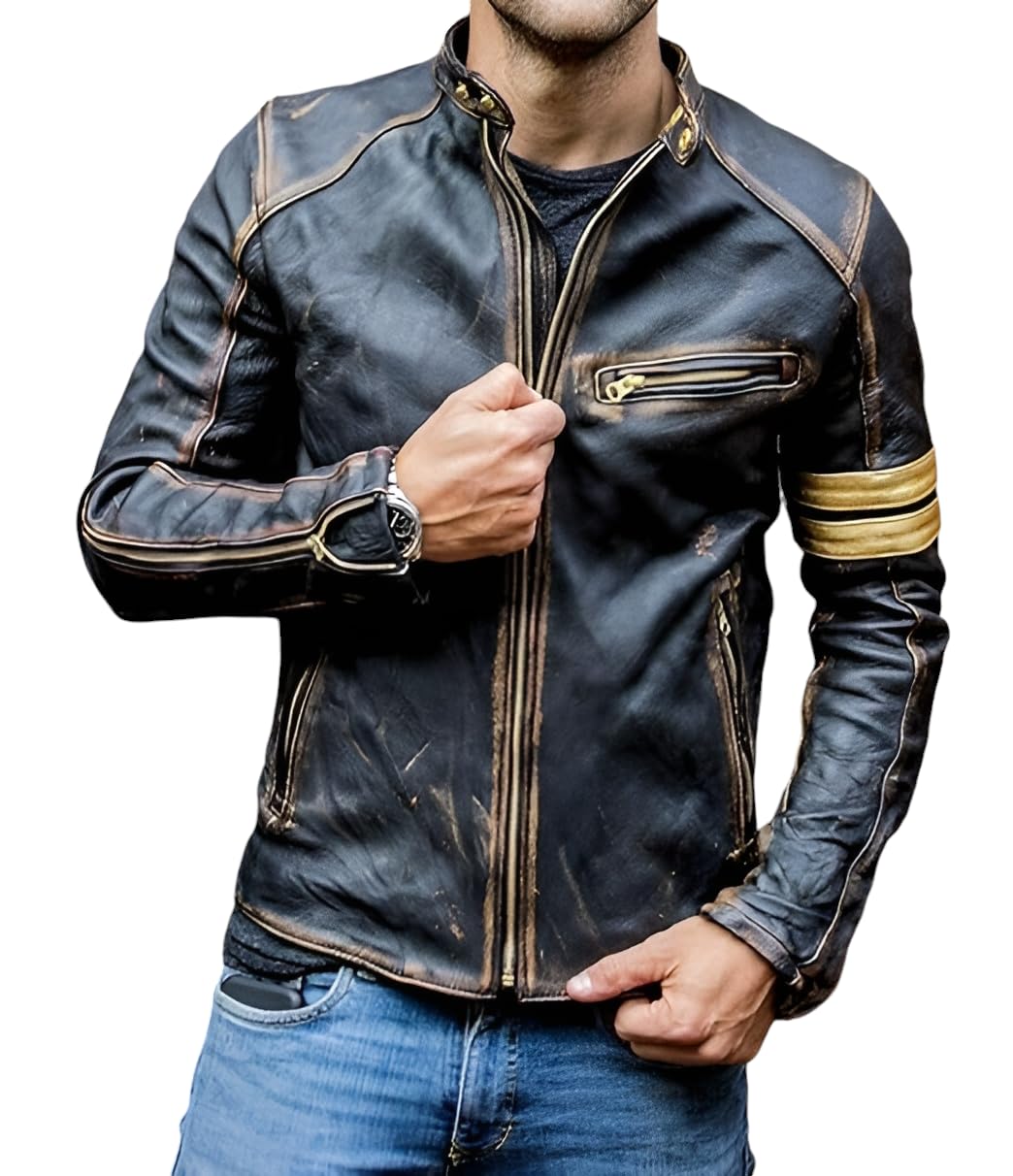 Jild Distressed Café Racer Black Leather Jacket Men - Genuine Lambskin Leather Biker Style Mens Vintage Motorcycle Jacket