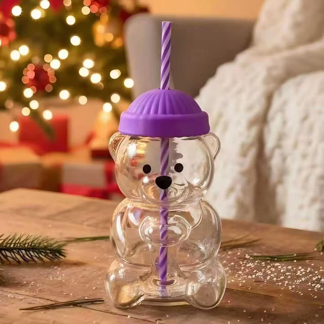 Bear Straw Cup Glass Bear Cup with Lids and Straws Cute Coffee Mugs 20oz Drinking Water Bottle Reusable Party Mug for Milk Tea, and Cocktails, Dishwasher Safe (Purple)