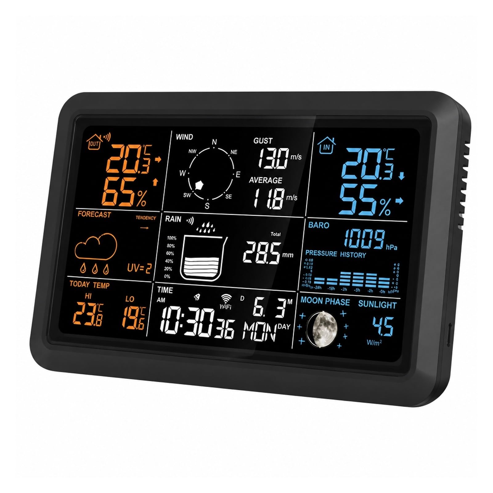 Pluviometro Esterno, Monitor per Interni Ed Esterni Stazione Meteorologica Wireless Ad Energia Solare | Black