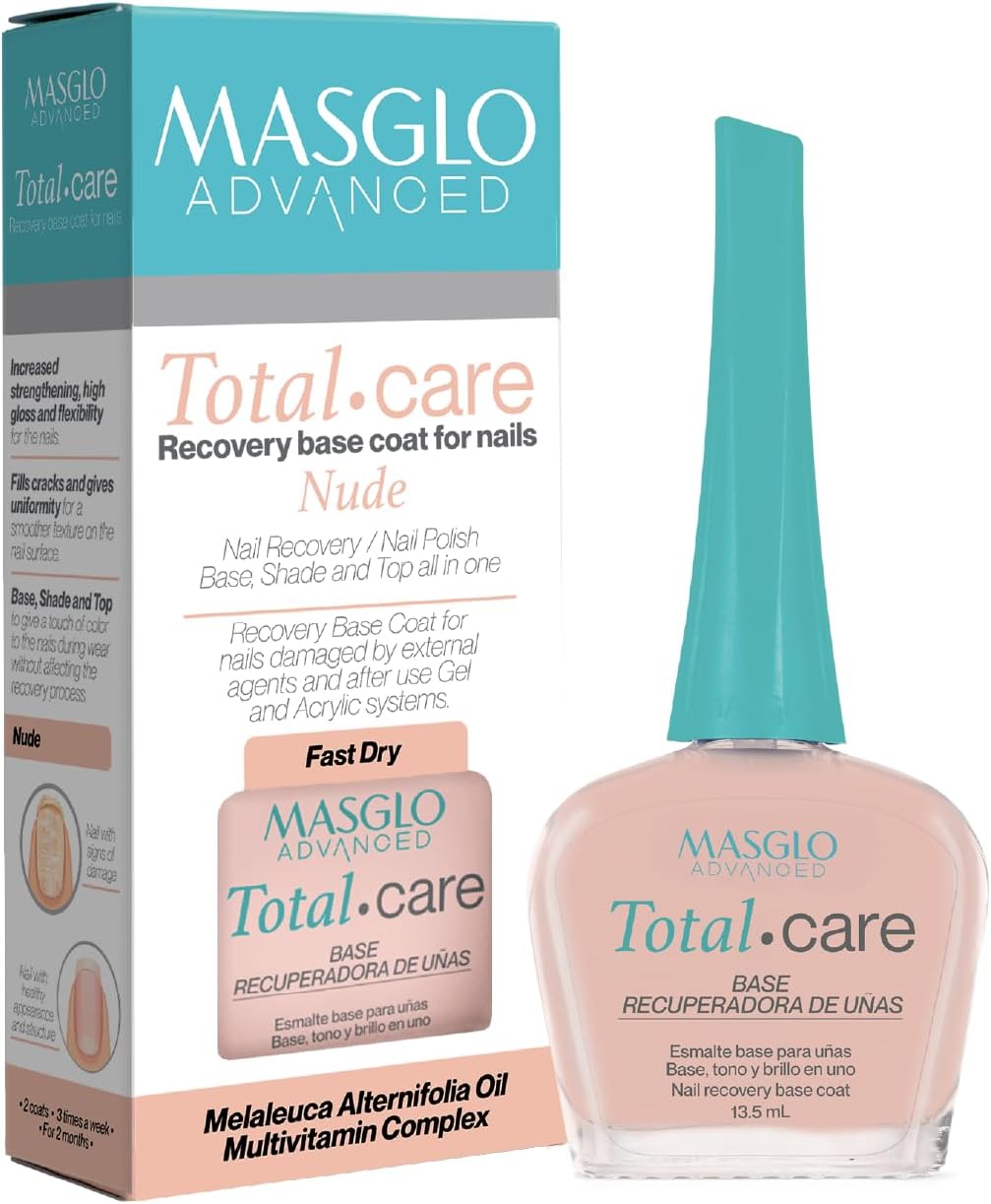 Advanced Total Care Nail Strengthener – Post Gel Damage Recovery Treatment, 13-Free Vegan Fast-Dry Thickening Repair with Tea Tree Oil & Vitamins, Base Coat, Nude Tone & Shine (3in1)