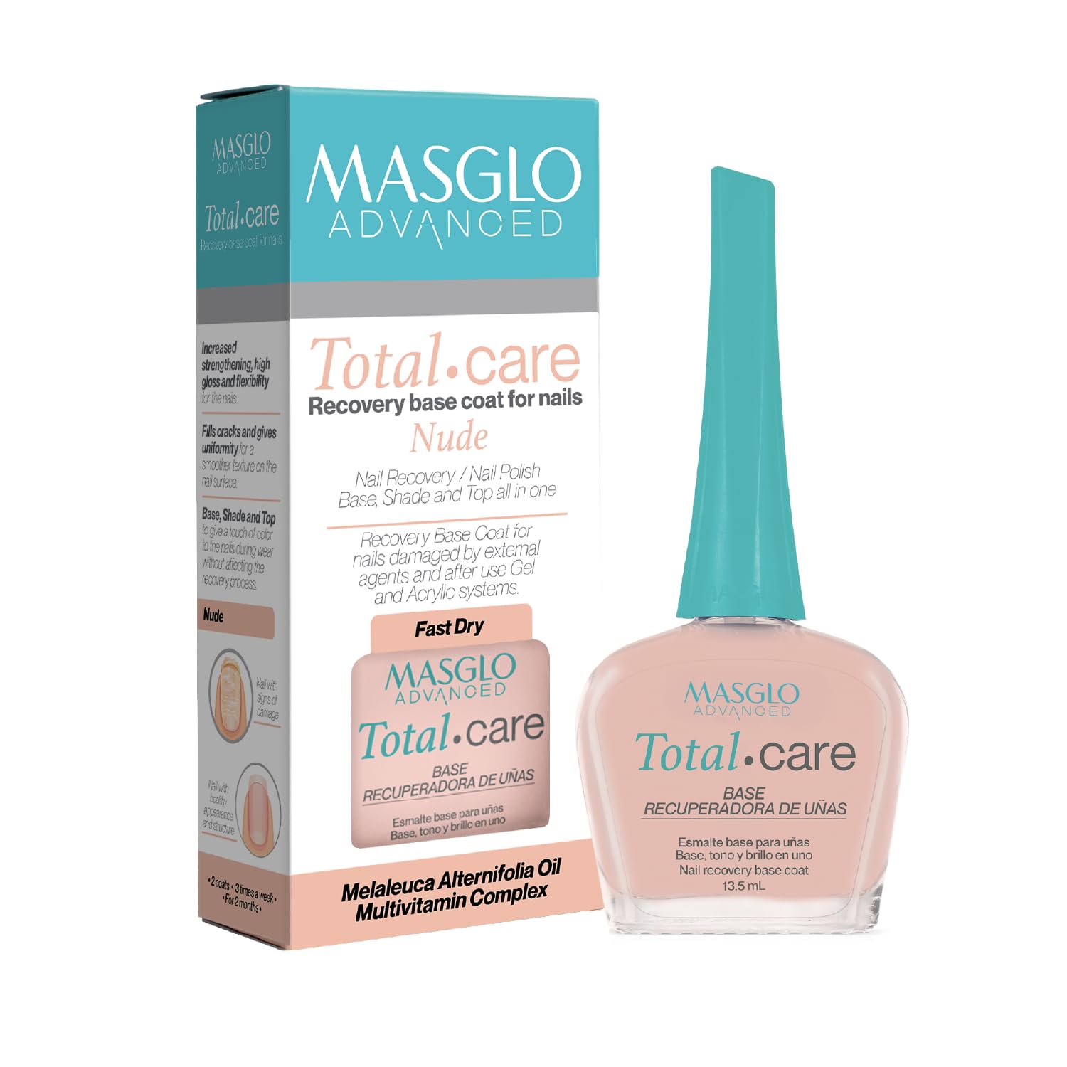 MASGLO Advanced Total Care Nail Strengthener – Post Gel Damage Recovery Treatment, 13-Free Vegan Fast-Dry Thickening Repair with Tea Tree Oil & Vitamins, Base Coat, Nude Tone & Shine (3in1)