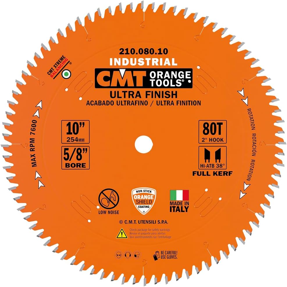 CMT 210.080.10 Industrial Fine Cut-Off Saw Blade, 10-Inch x 80 Teeth 38° ATB Grind with 5/8-Inch Bore, PTFE Coating