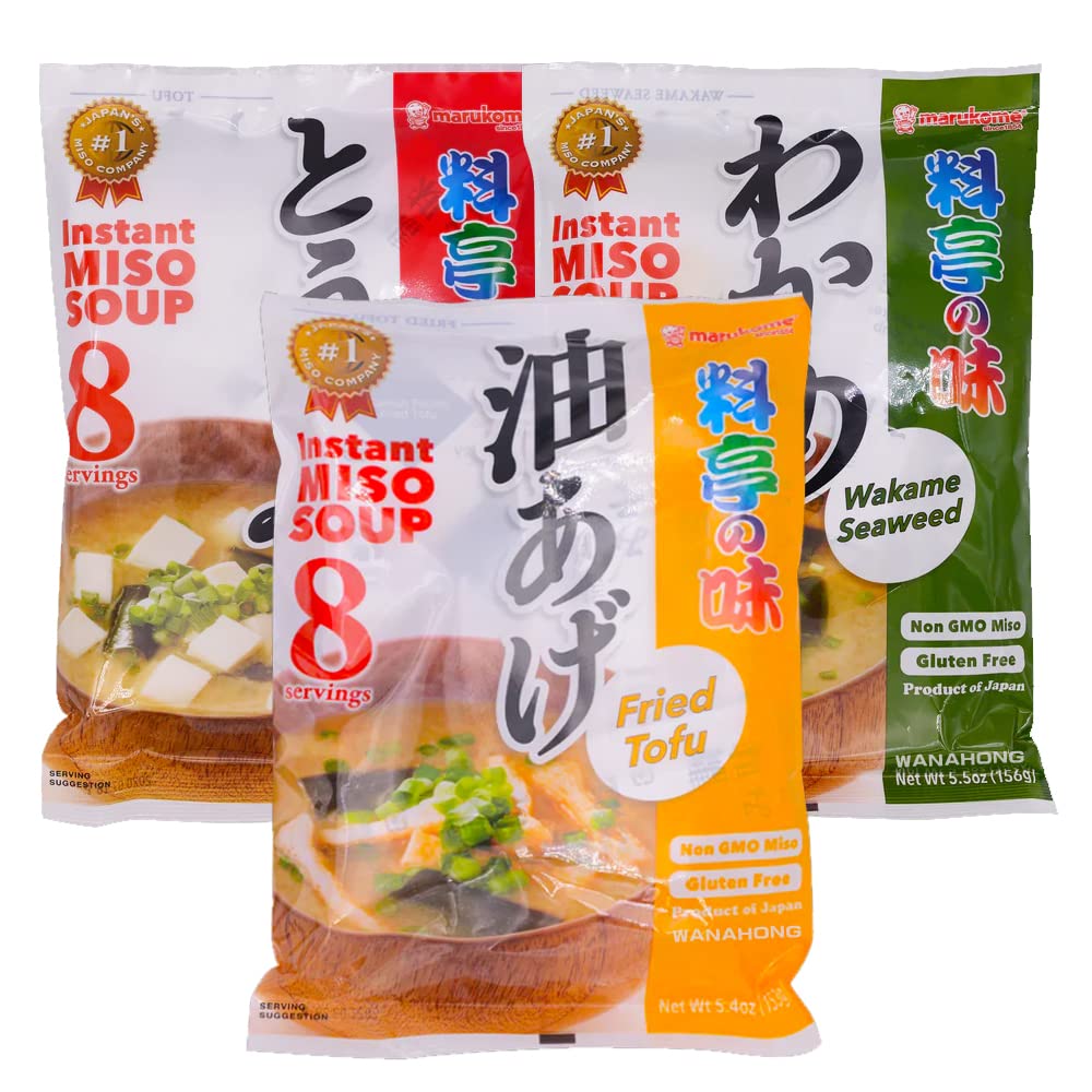 WaNaHong Marukome Instant Japanese Miso Soup Assorted Mix Package (24 servings) | TOFU, WAKAME, ABURAAGE FRIED TOFU