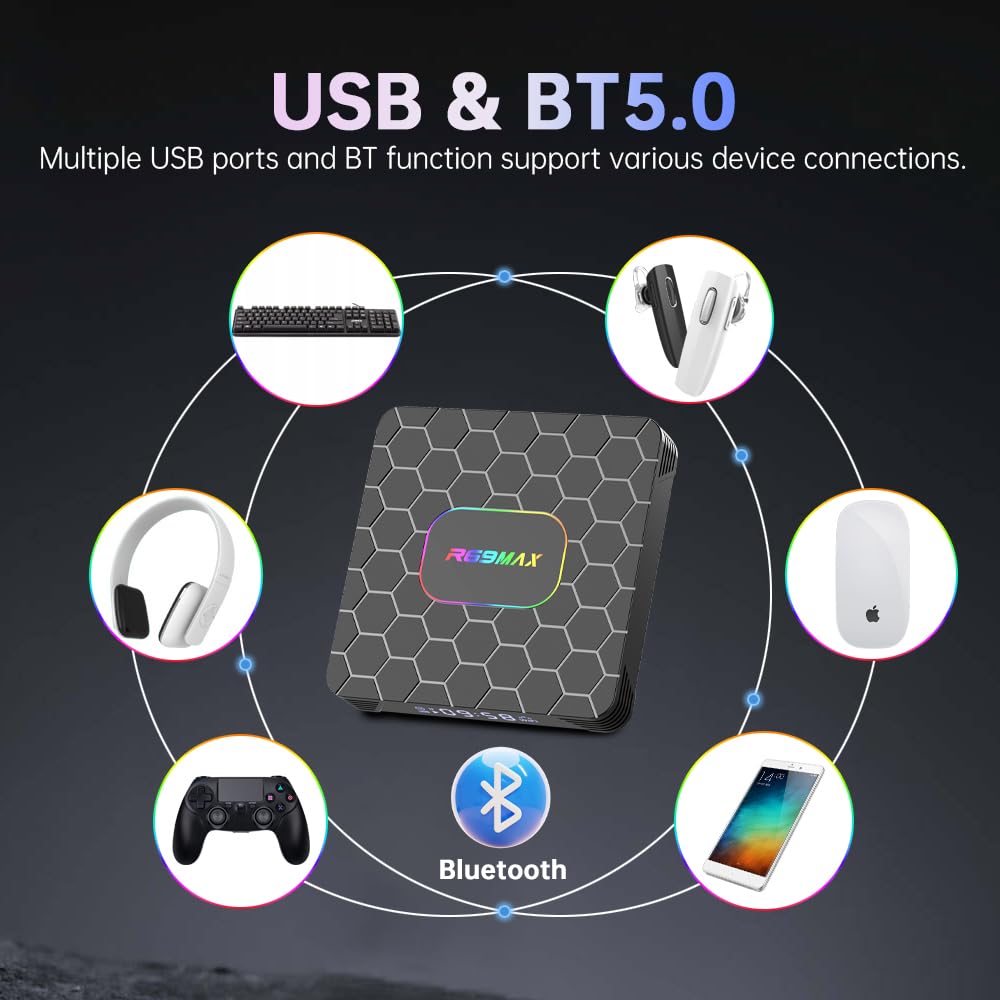 Android TV Box,R69MAX Android 14.0 TV Box with 4Go RAM 64Go ROM RK3528 Quad Core Arm Cortex A53 Mali-450 GPU Support 8K 3D 1080P 2.4/5.0GHz WiFi BT5.0 10/100M Ethernet DLNA HDMI2.0 USB3.0 H.265