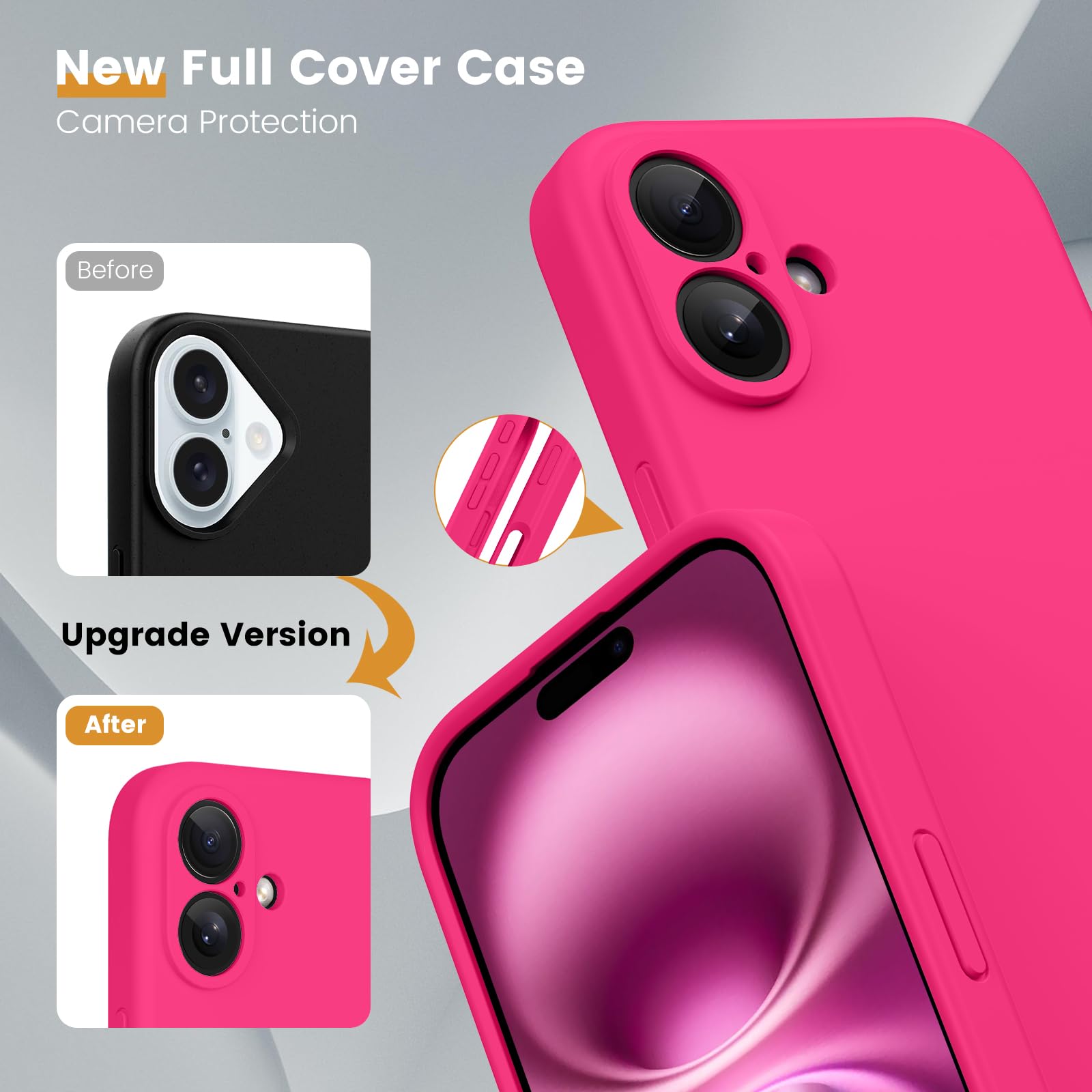 CALOOP Slim-Fit for iPhone 16 Case,Skin Soft Liquid Silicone,Sturdy Hard Frame Shockproof Cover with Anti-Scratch Microfiber Lining,Full Protection for Screen and Lens,6.1 inch,Hot Pink - Image 3