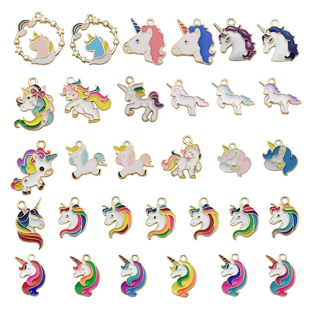 QIAMNI 30 Pcs Cute Unicorn Charm Pendants, Enamel Metal Rainbow Color Unicorn Necklace Charms for Earring Bracelet Keychain DIY Craft Making Jewelry 13x19mm for Children Girls (U2) (U4)