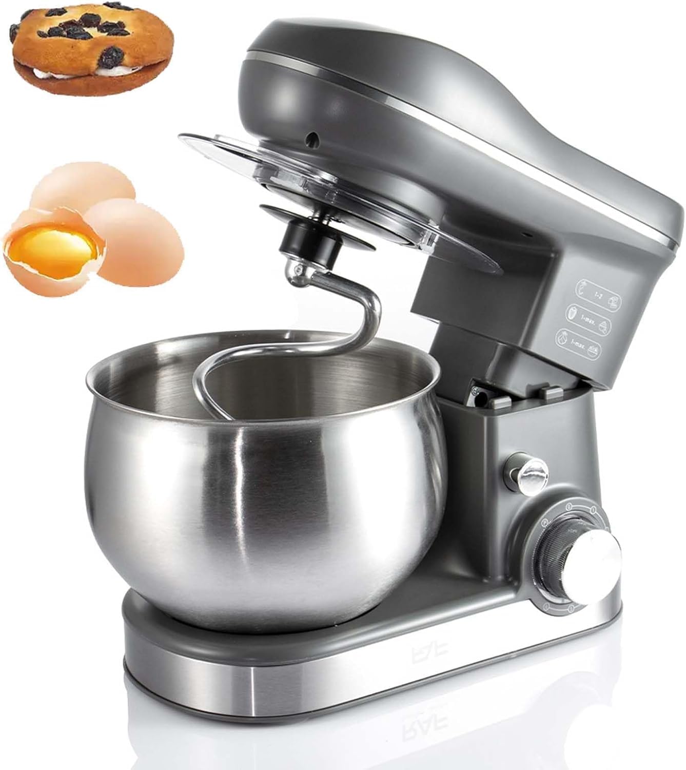 Eiwitany Stand Mixer with Stainless Steel Bowl & Splash Guard – Powerful Electric Dough Mixer for Kneading, Whipping, Cakes & Baking (Black)