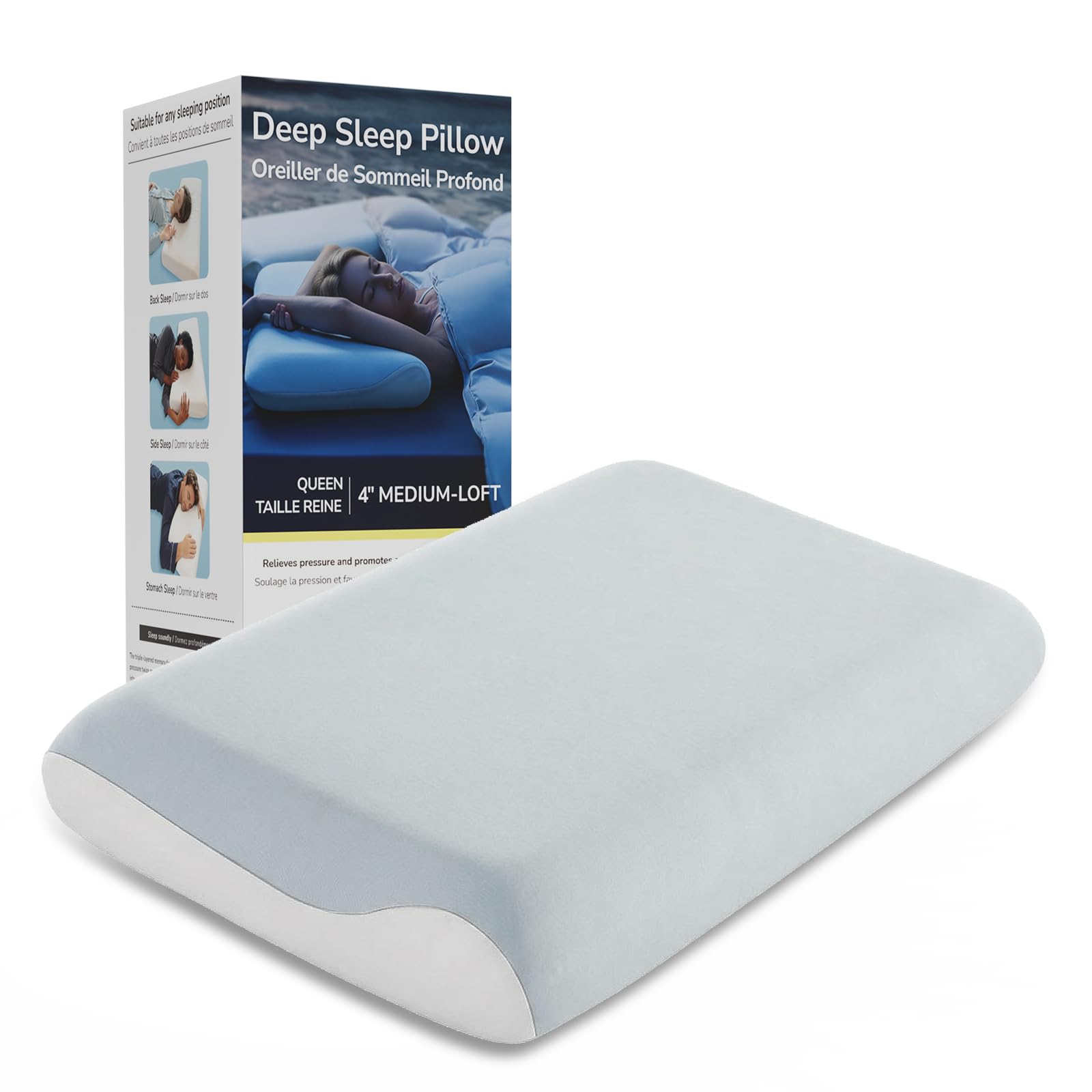 【Hotel Collection】 Memory Foam Pillow Queen Size, 3-Layer Ergonomic Bed Pillow for Neck Support, PCM Cooling Cover, Pressure Relief for All Sleep Positions (Blue Grey, Queen (30"x16.5"x3.9"))