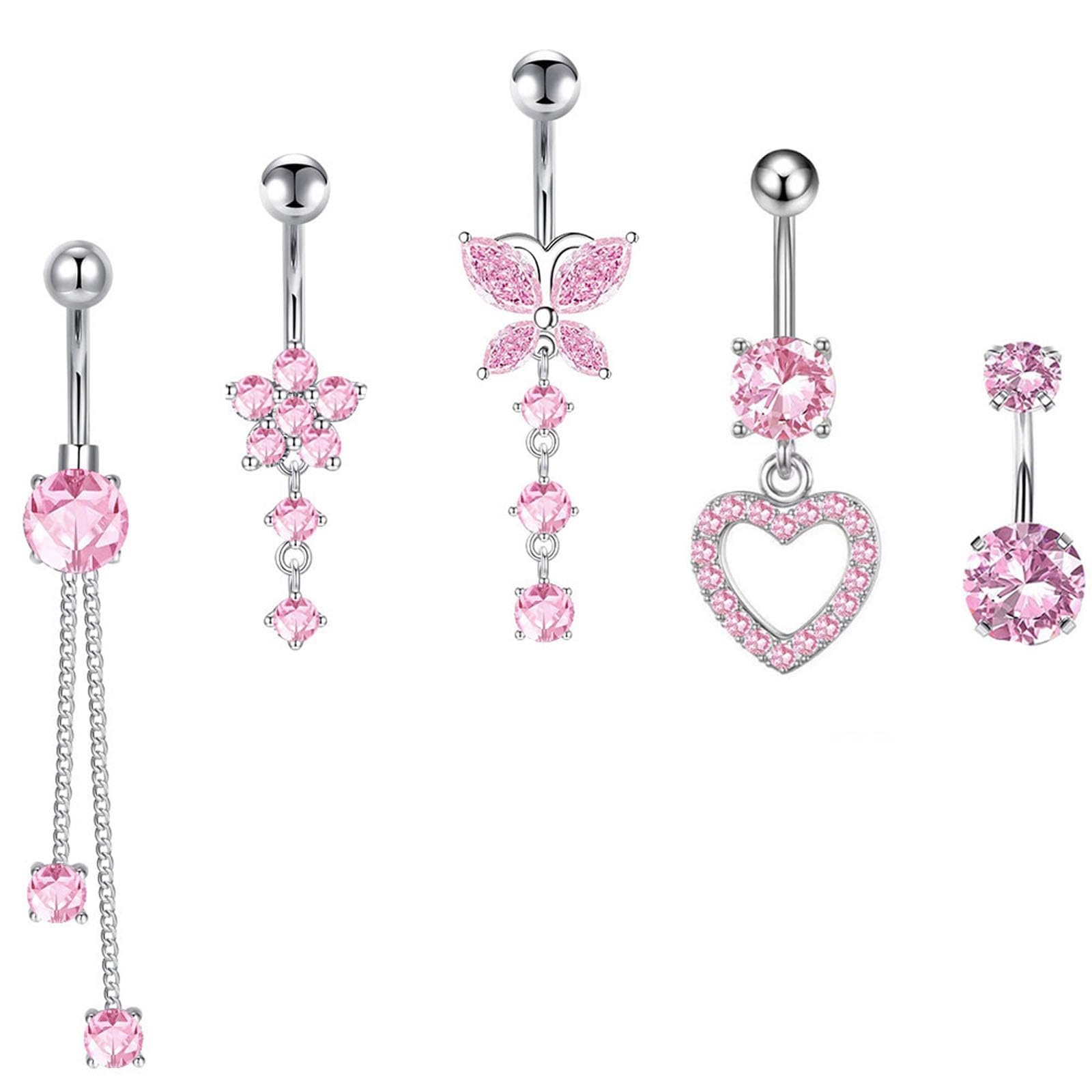 Vexquivera5PCS Belly button bars,Dangly belly button bars,Heart Belly Bars Ring Stainless Steel Belly Button Piercing with white & Pink Gem,Belly bar,Navel Button Rings Piercing Jewellery dangly