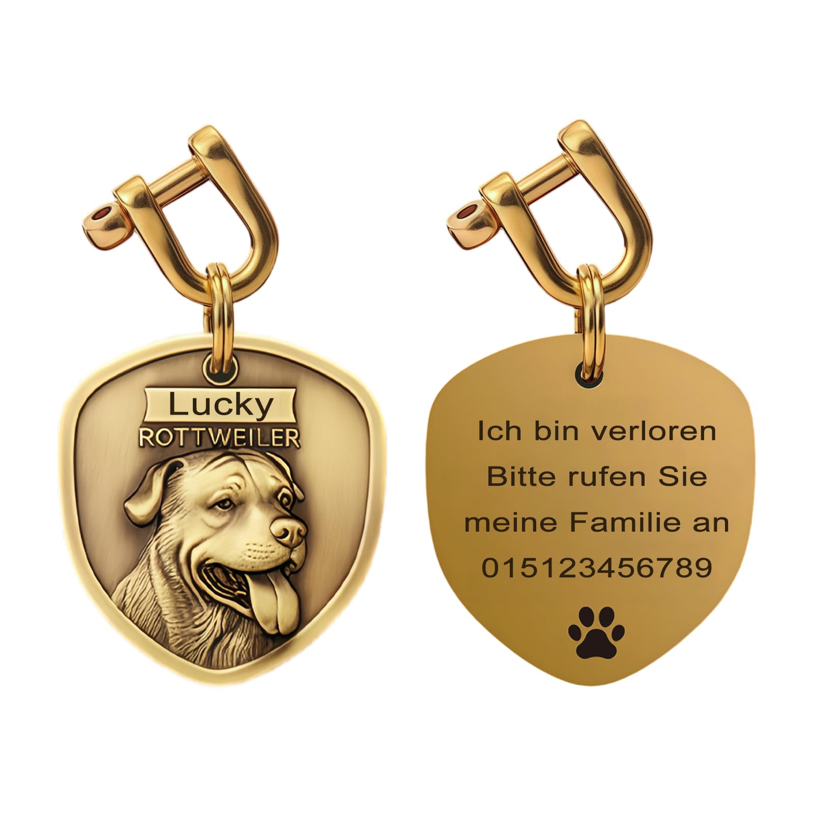 Personalisierte Hundemarke aus Messing mit Gravur – 3D-Relief Hunderassen Portrait, beidseitig gravierbarer, Namensanhänger Adressanhänger Hund ID Tag für Hunde (Rottweiler)