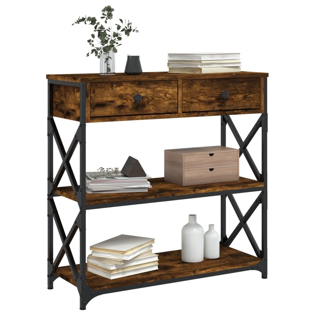Stolik konsolowy, dąb wędzony, 75 x 28 x 75 cm, materiał drewnopochodny z metalową ramą, miejsce do przechowywania, do korytarza, salonu, biura, stabilne, regulowane nogi, oszczędność