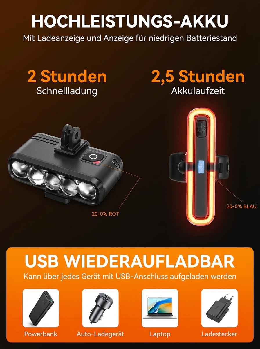 Fahrradlicht Set mit StVZO Zulassung, 3 LED Frontlicht Blendfrei & Rücklicht mit Bremslichtfunktion, USB-C Aufladbar, IP65 Wasserdicht, Halterung Kompatibel mit GoPro & Fahrradcomputer für MTB E-Bike
