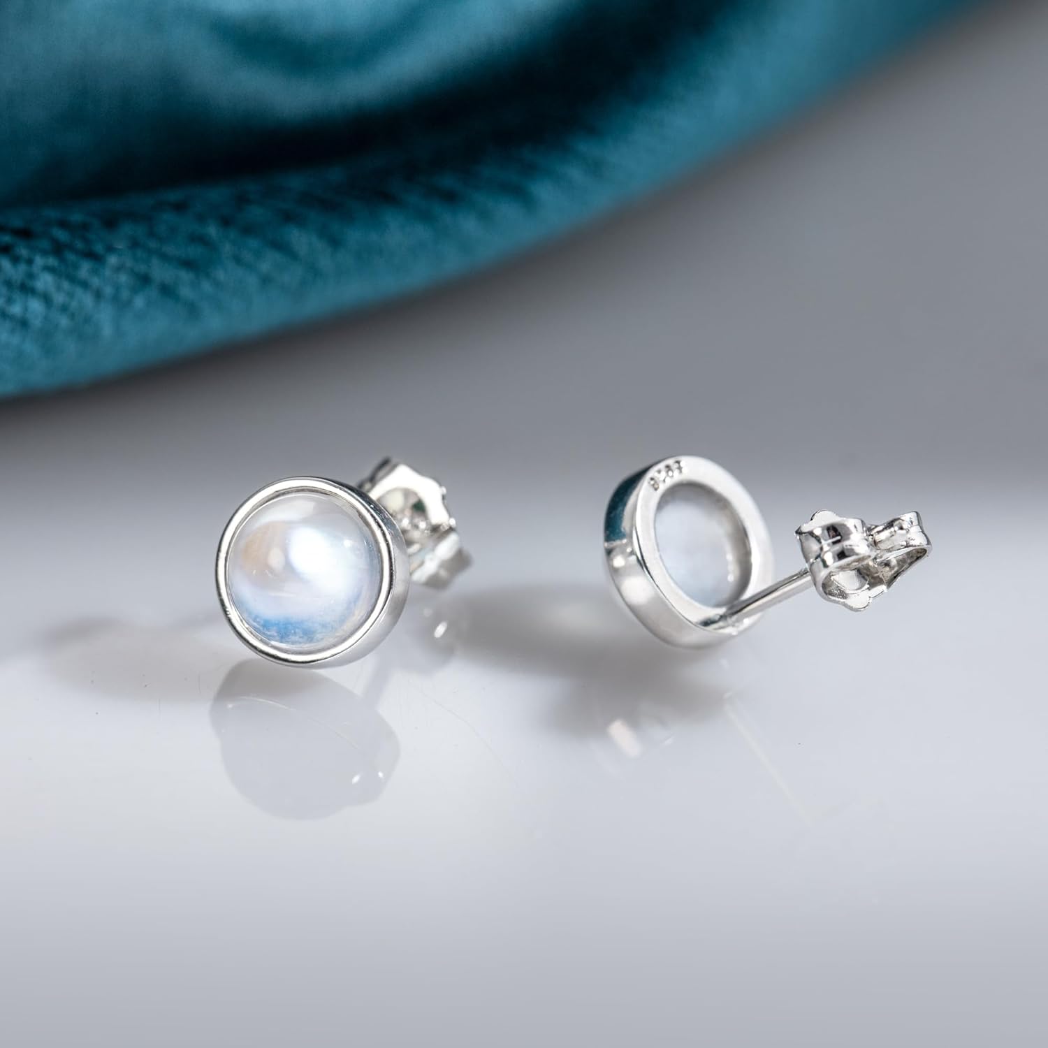 Natural Larimar/Moonstone Stud Earrings 925 Sterling Silver Round Earrings Natural Gemstone Jewelry for Women - Image 5