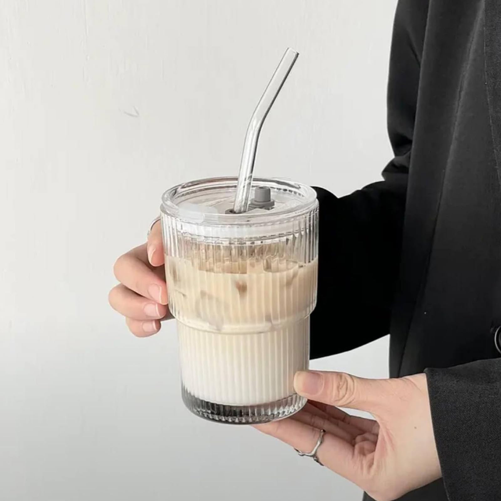 CHENKEE Glass Coffee Mugs, 400ml Capacity, Transparent, Reusable, Nanoglass, Round, Straw Cup with Lid