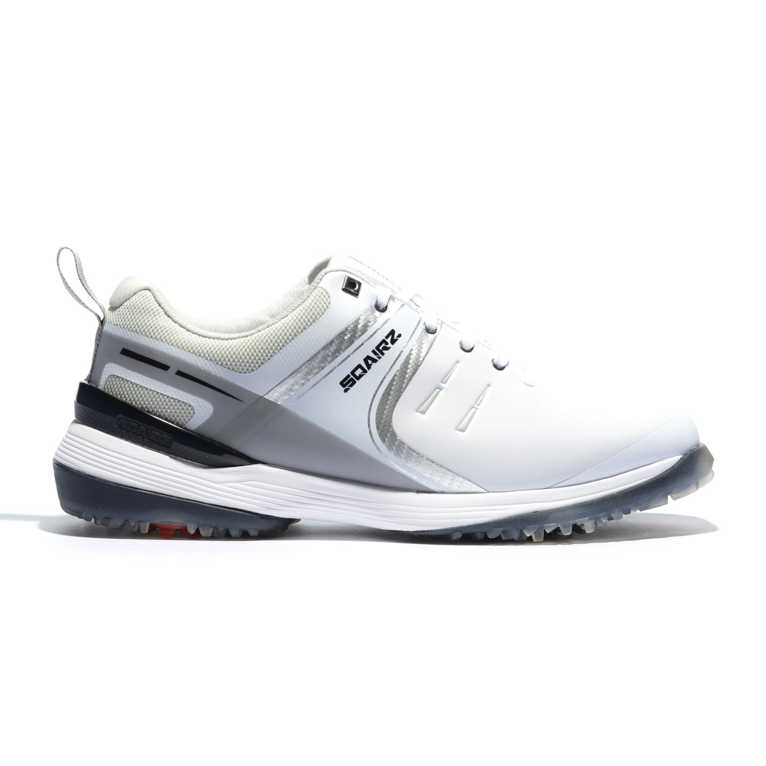SQAIRZ SPEED, Men's Athletic Golf Shoes, Tour Winning Performance Golf Footwear, Designed for Balance, Stability, & Comfort, Cushioned Foam Insole, Replaceable Spikes, Waterproof, White/Silver, Sz 9.5