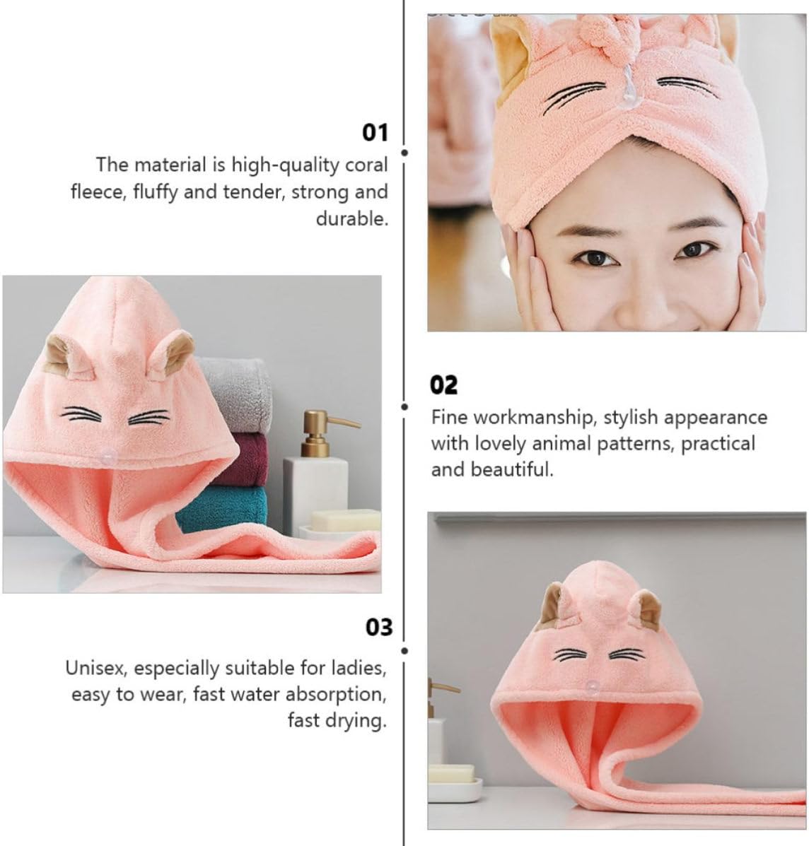 balacoo Adorable Cat Hair Drying Hat with Button Closure for Women
