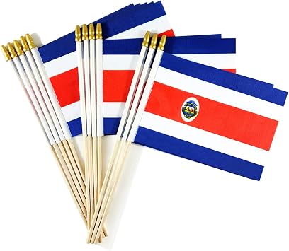 Newperlite Costa Rica Stick Flag Costa Rican Small Mini Hand Held Flags - Solid Wooden Pole and Spear Top,12 Pack, 5x8 Inches