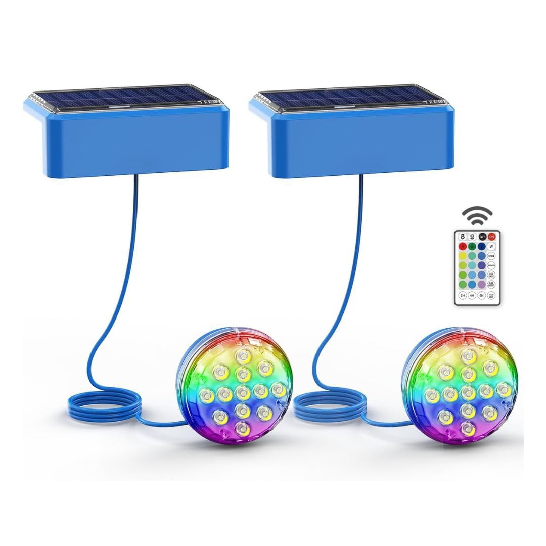 LED ATOMANT Pack 2x Luces solares para piscinas sin instalacion LED 2,6W RGB IP68, Cable 1m, Fijacion con adhesivo o tornillos, Luz solar piscina sumergible para decoracion, Iluminacion impermeable
