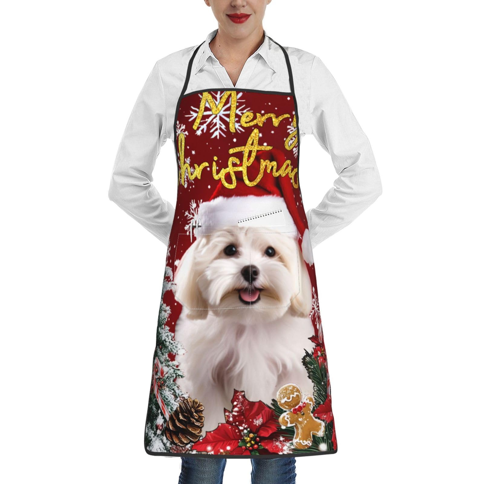nopicsn Merry Christmas Maltese Dog Apron for cooking with Pockets Women Men Kitchen Chef Funny Aprons