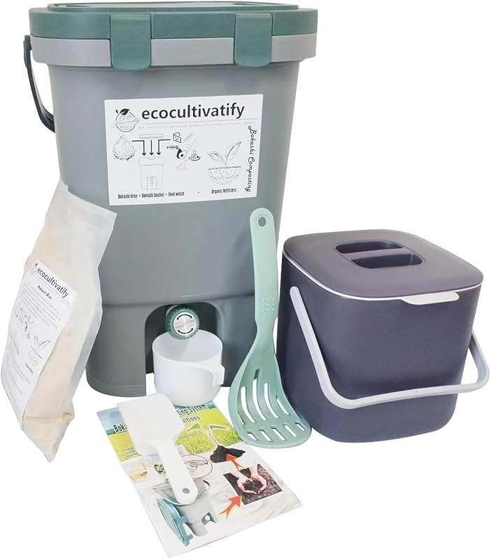20L Bokashi Compost Bin, 5.28 Gallon Compost Bin for Kitchen Composter with Lid, Bokashi Start Kit with Bran (Tan & Dark Green) (18.8L/5 Gal Grey)